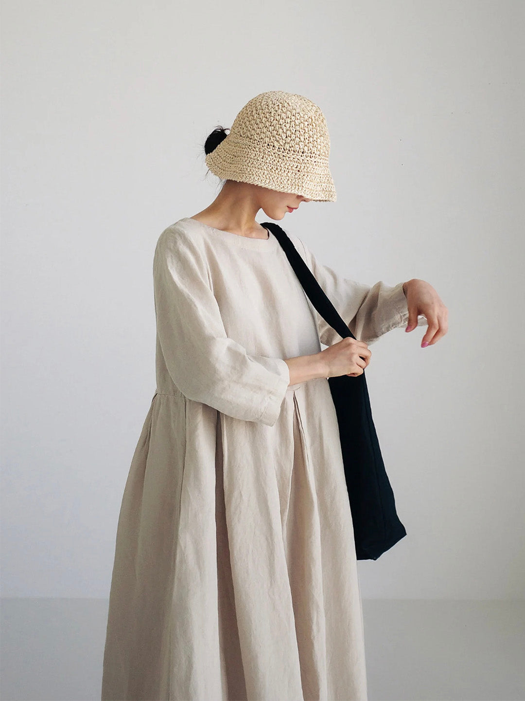Damen Sommer Langarm Leinen Maxikleid