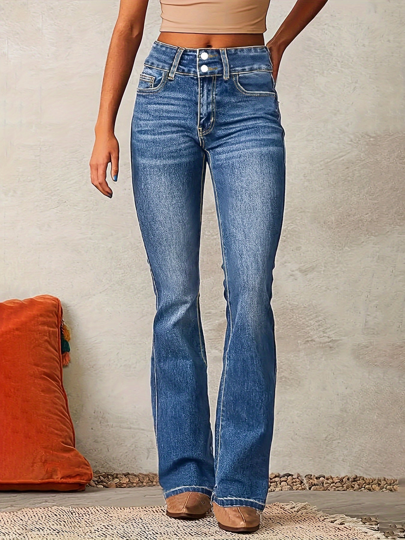Damen High-Waist Wide-Leg Jeans mit Knopfleiste