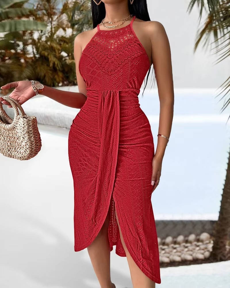 Damen Sommer Neckholder Wickel Maxikleid