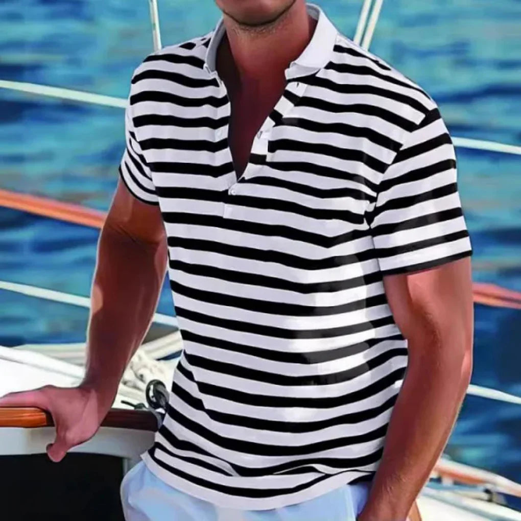 Herren Klassisch Streifen Knopfleiste Poloshirt
