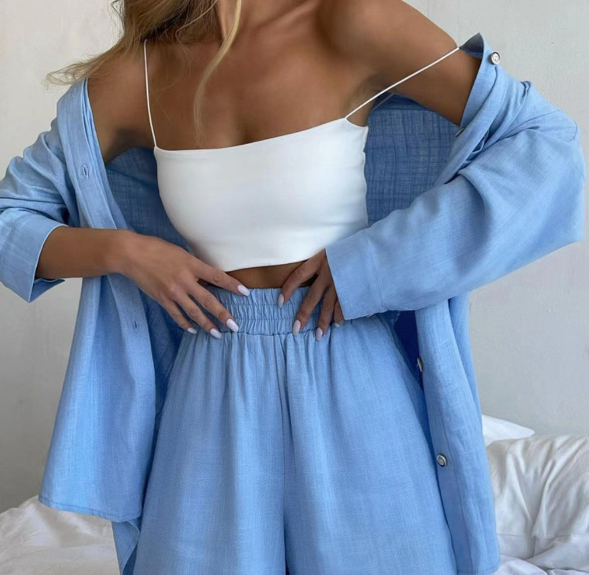 Damen Sommer Knopfleiste Zweiteiler Linen Set