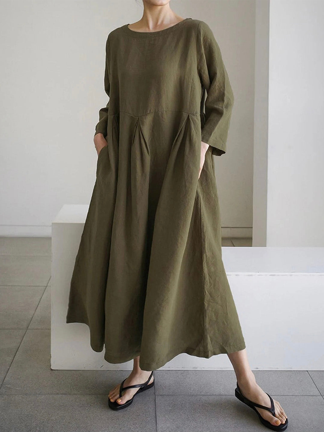 Damen Sommer Langarm Leinen Maxikleid