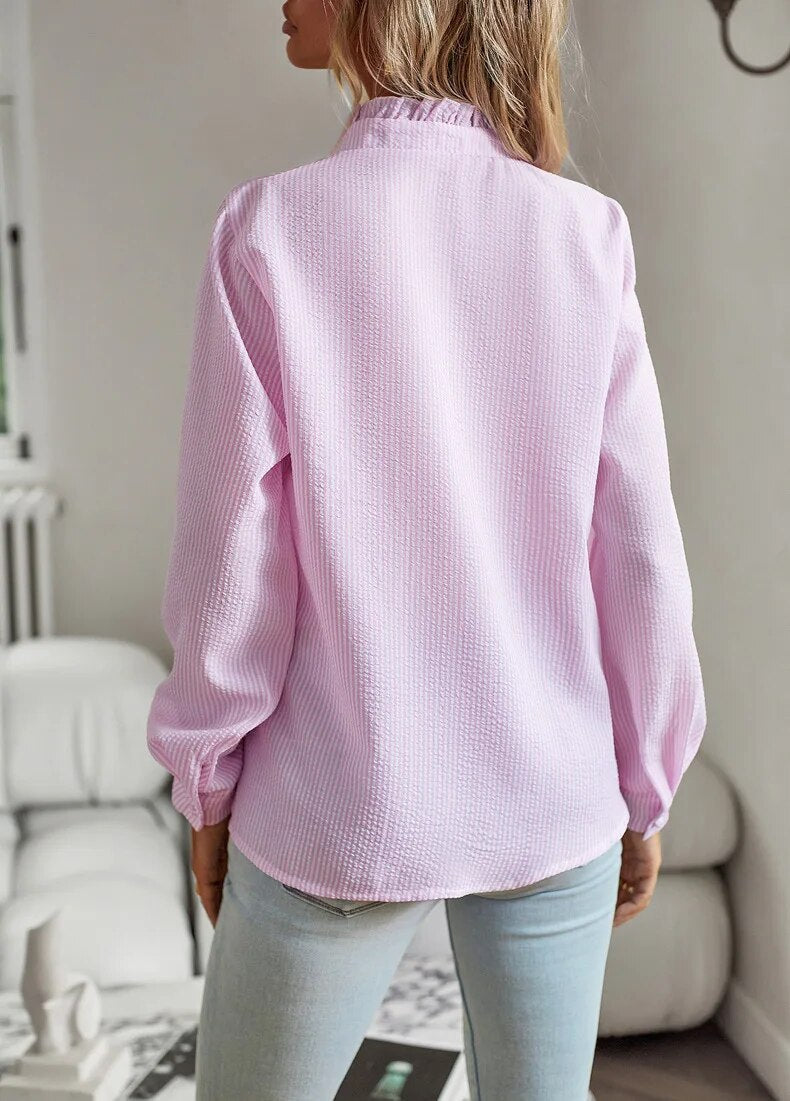 Damen Geknöpft Elegant Gestreift Bluse