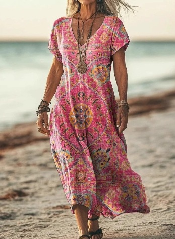 Damen Sommer Blumenmuster V-Ausschnitt Midikleid
