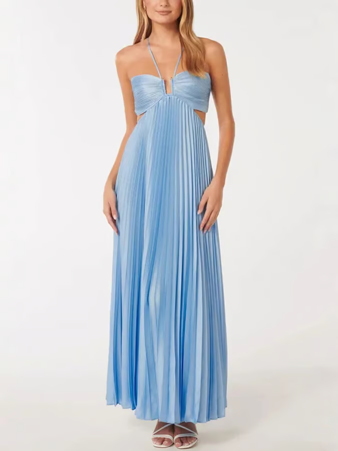 Damen Plissiertes Neckholder Festliches Maxi Sommerkleid