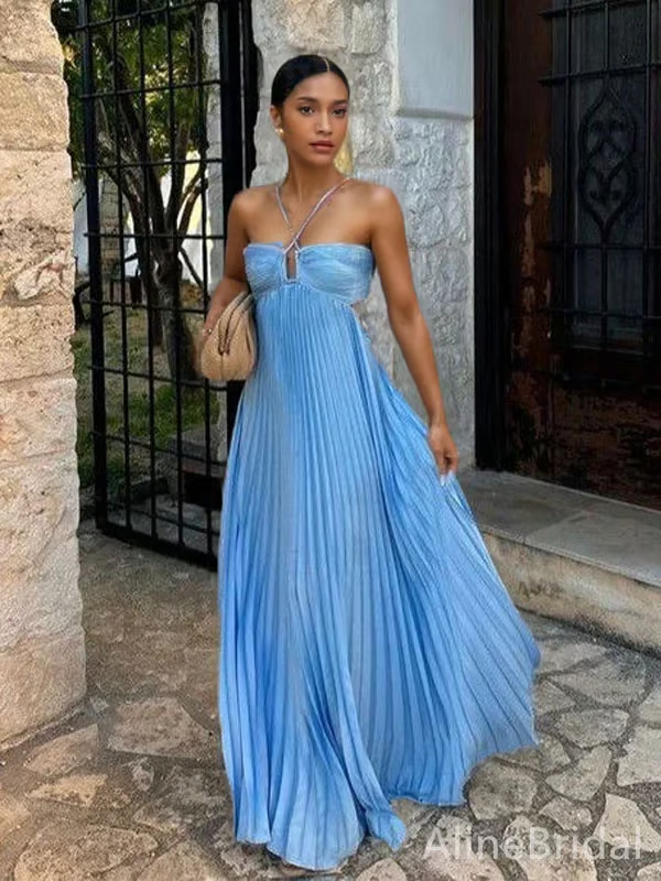 Damen Plissiertes Neckholder Festliches Maxi Sommerkleid