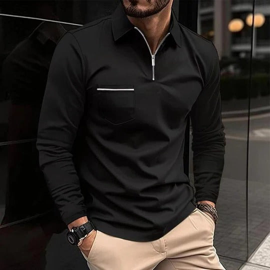 Herren Lässig Reißverschluss Langarm Poloshirt