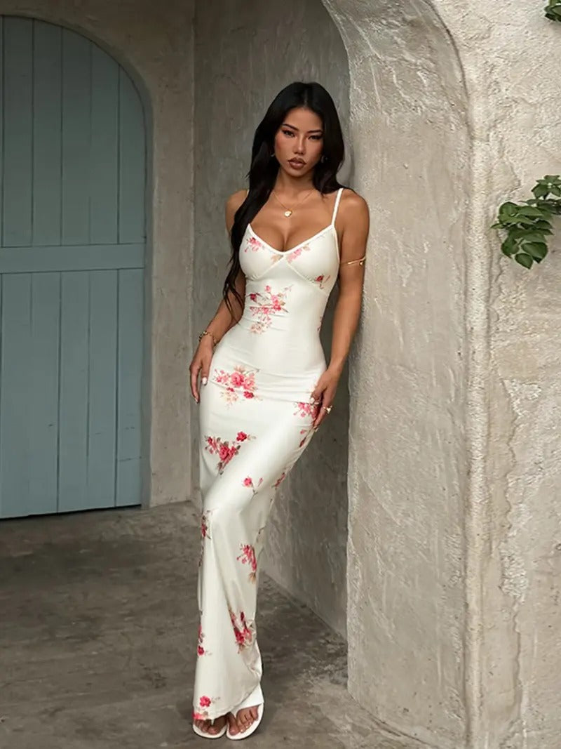 Damen Sommer Bodycon Blumenmuster Maxikleid