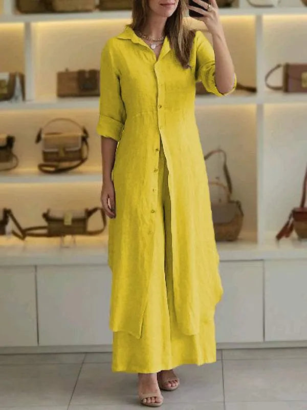 Damen Lässig Knopfleiste Lagenlook Blusenkleid Set