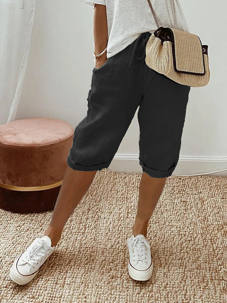 Damen Knielang Leichte Leinen Sommer Shorts
