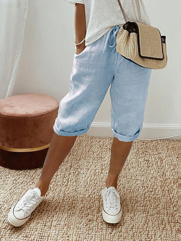 Damen Knielang Leichte Leinen Sommer Shorts
