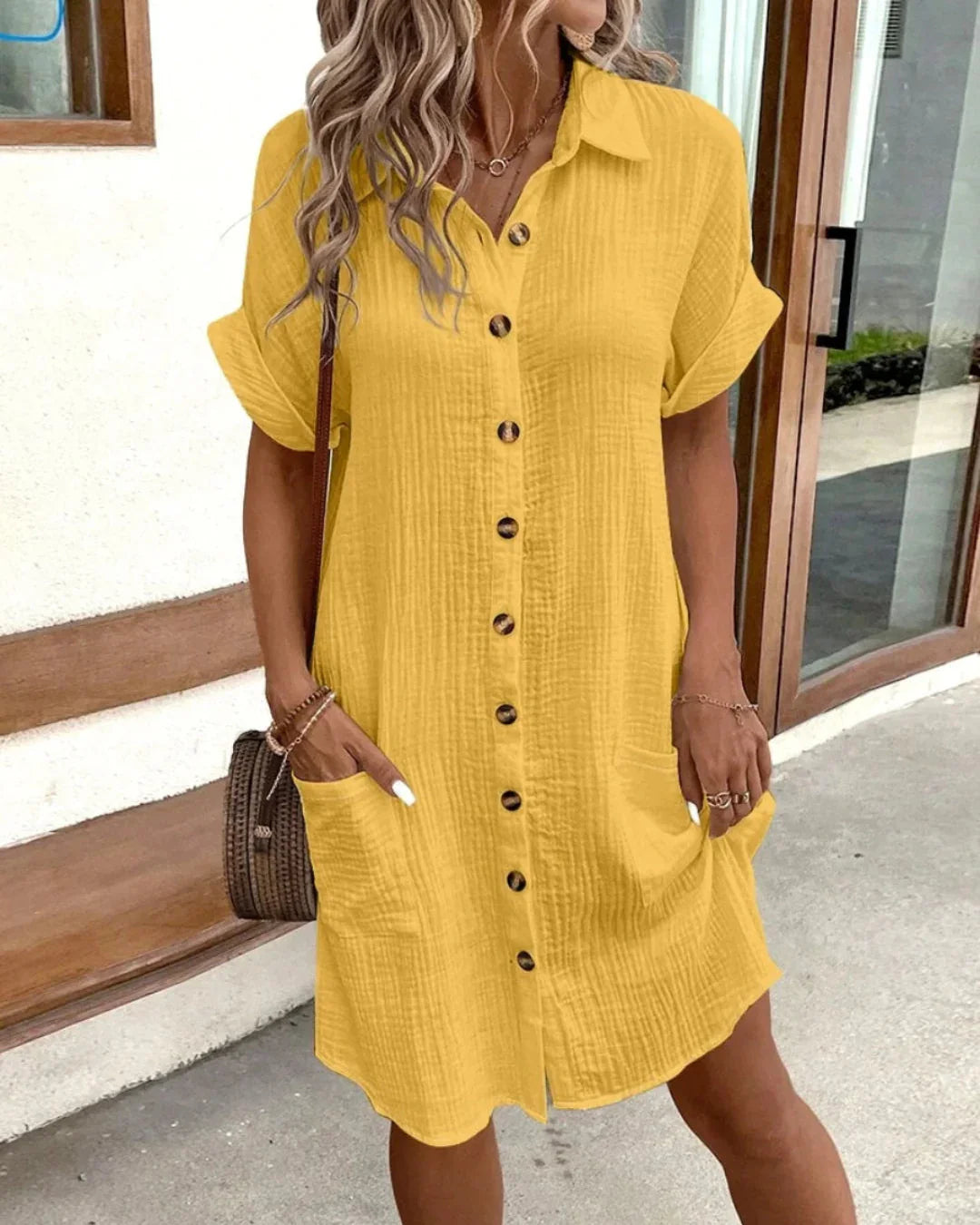 Damen Sommer Leinen V-Ausschnitt Midikleid