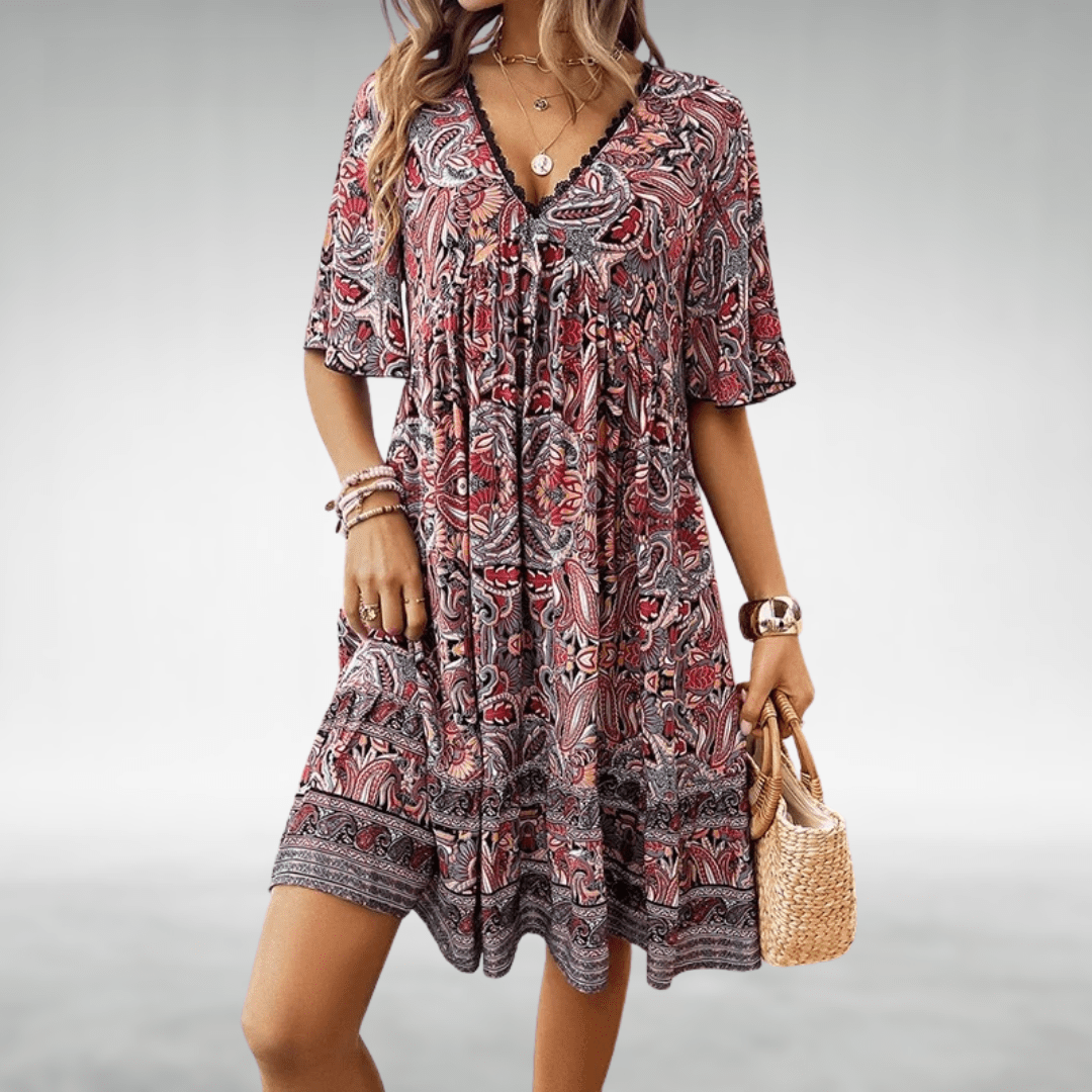 Damen Sommer Boho V-Ausschnitt Midikleid