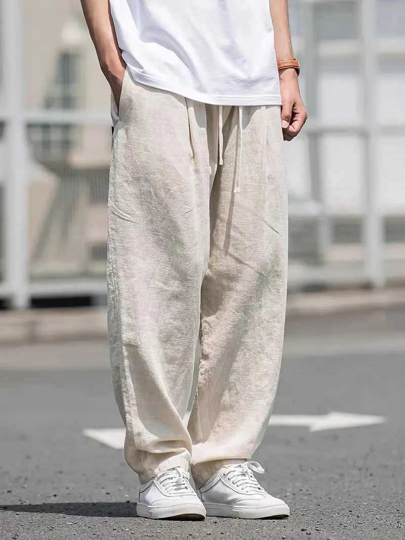 Herren Elastischer Bund Weite Leinen Hose