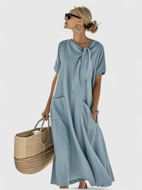Damen Kurze Ärmel Taschen Sommer Midikleid