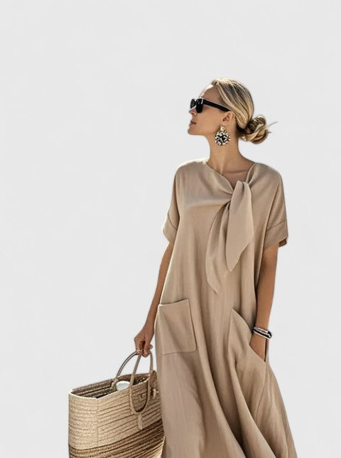 Damen Kurze Ärmel Taschen Sommer Midikleid