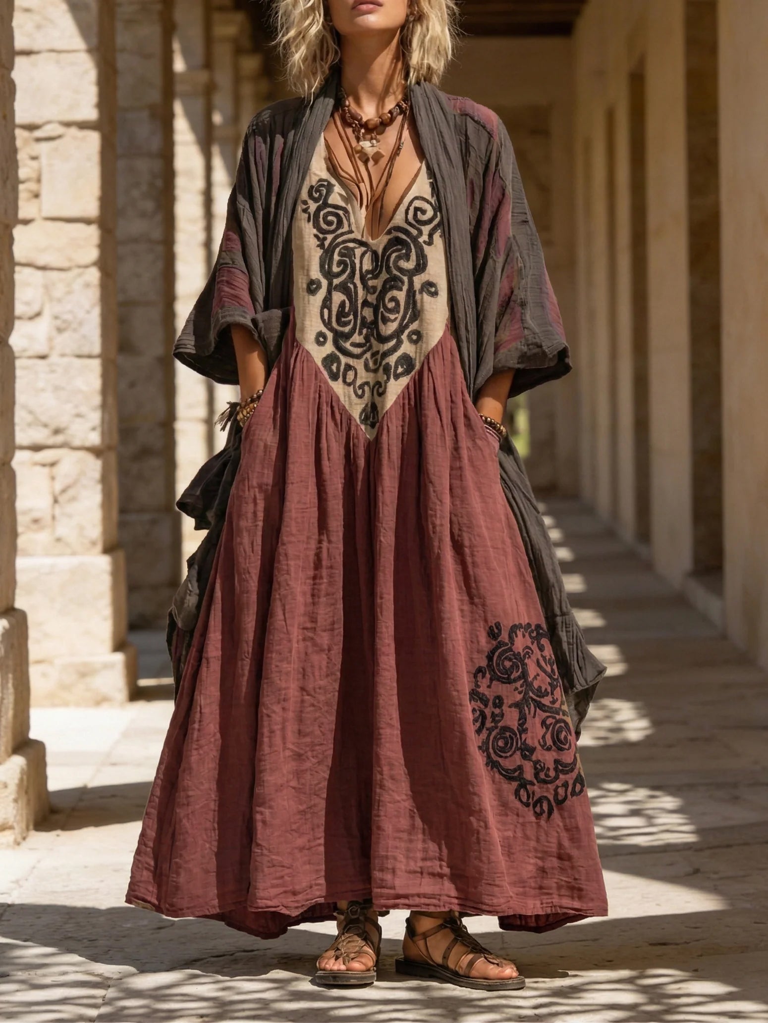 Damen Sommer Zweiteiler Bohemian Maxikleid