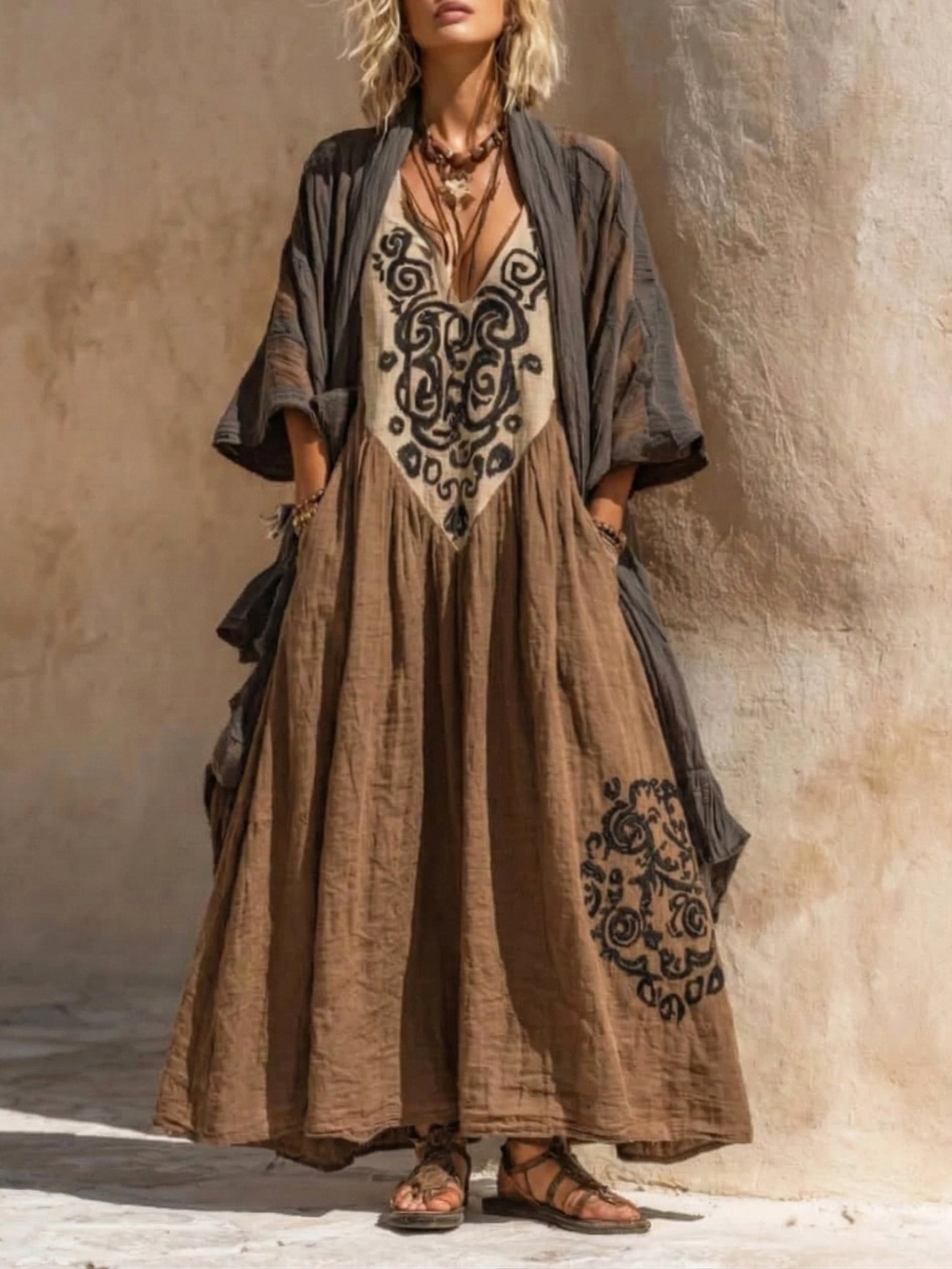 Damen Sommer Zweiteiler Bohemian Maxikleid