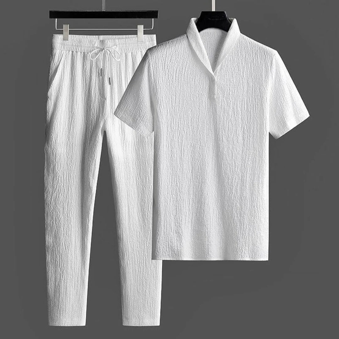 Herren Zweiteiler Leinen Sommer Set mit Kordelzug