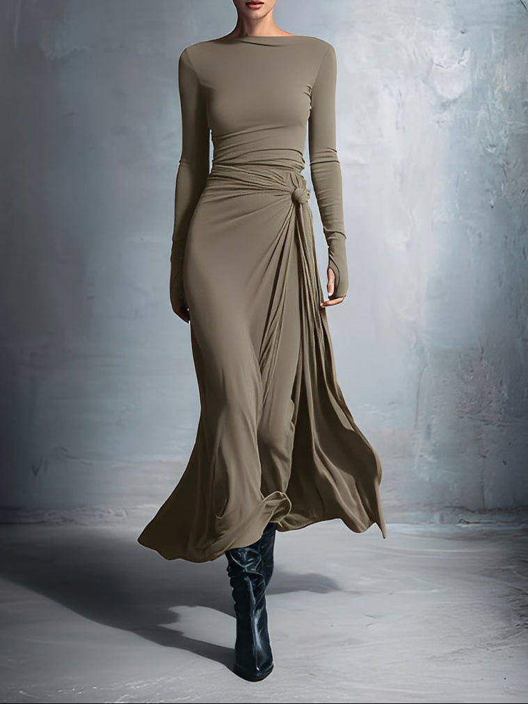 Damen Lässig Langarm Drapiertes Maxikleid