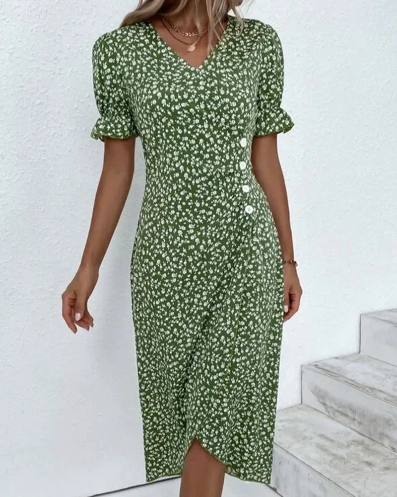 Damen Sommer V-Ausschnitt Blumig Midikleid