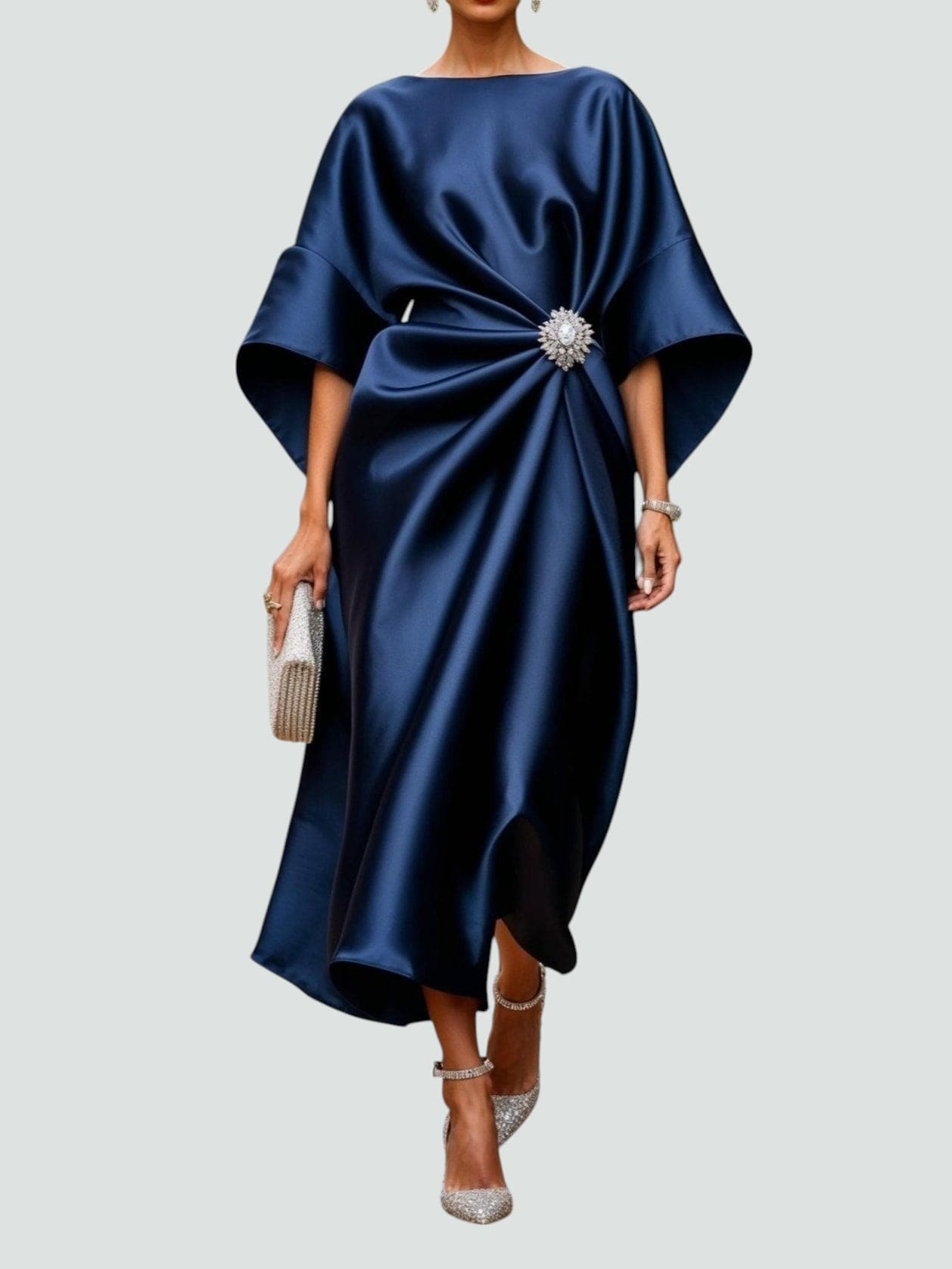 Damen Sommer Rundhals Satin Abend Maxikleid