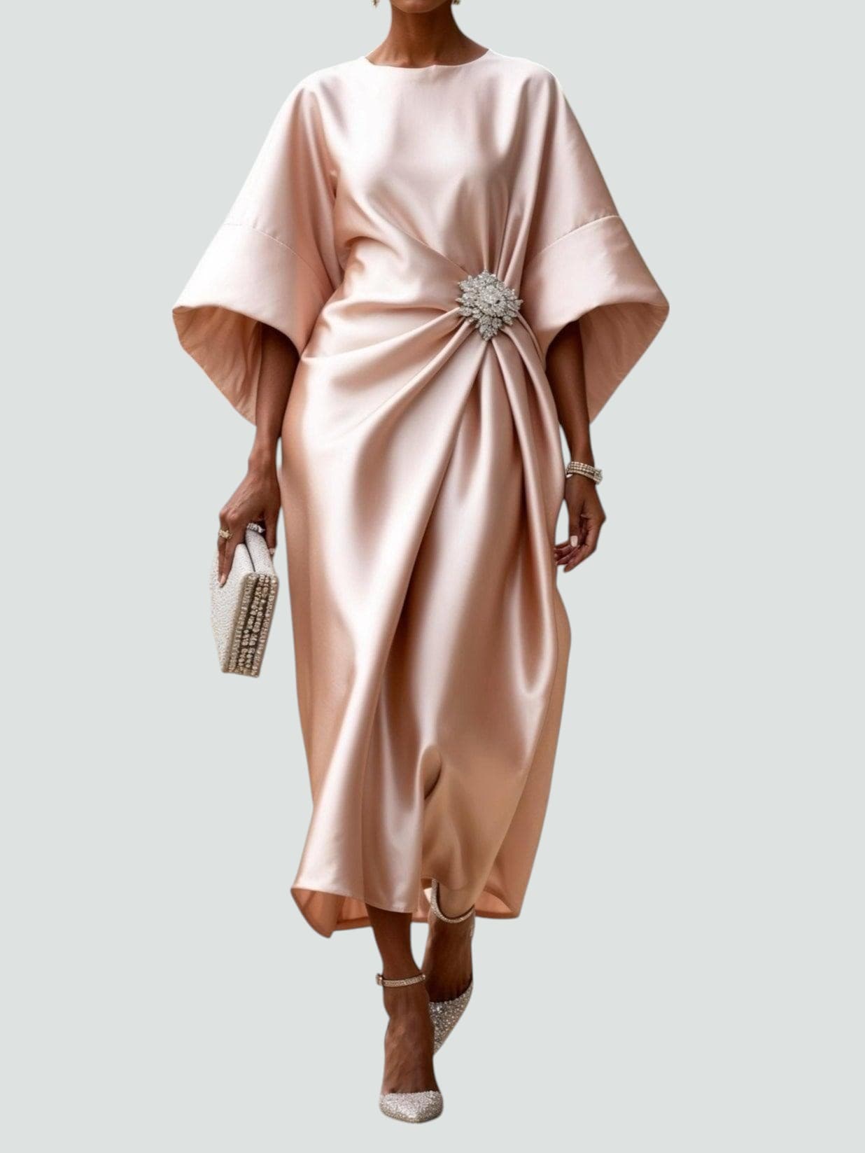 Damen Sommer Rundhals Satin Abend Maxikleid