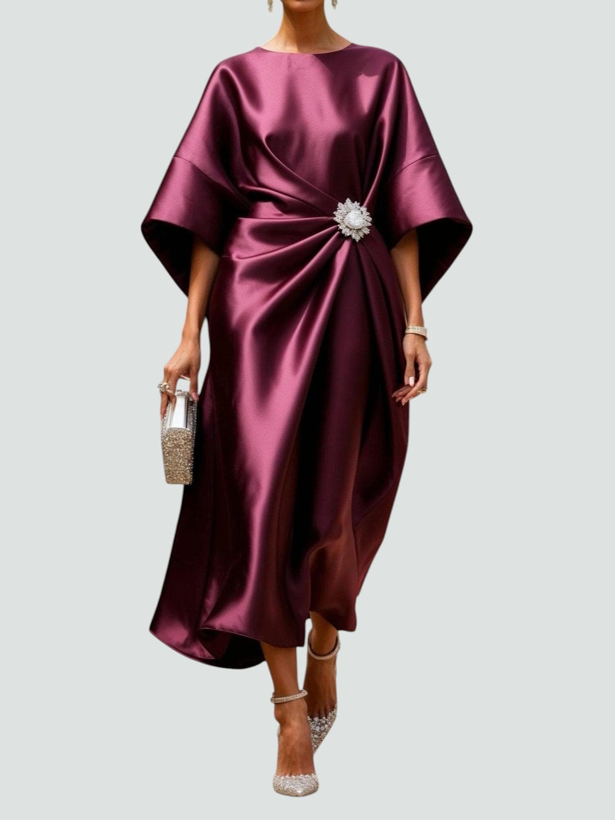 Damen Sommer Rundhals Satin Abend Maxikleid