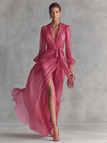 Marie | Damen Elegantes Rosa Wickel Langarmkleid mit V-Ausschnitt