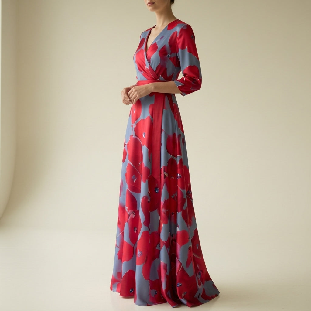 Damen Elegant Wickel Blumenmuster Sommerkleid