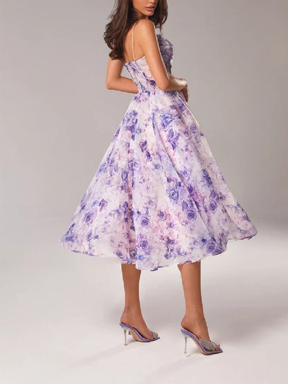 Cecile | Damen Geblümtes A-Linien Midikleid