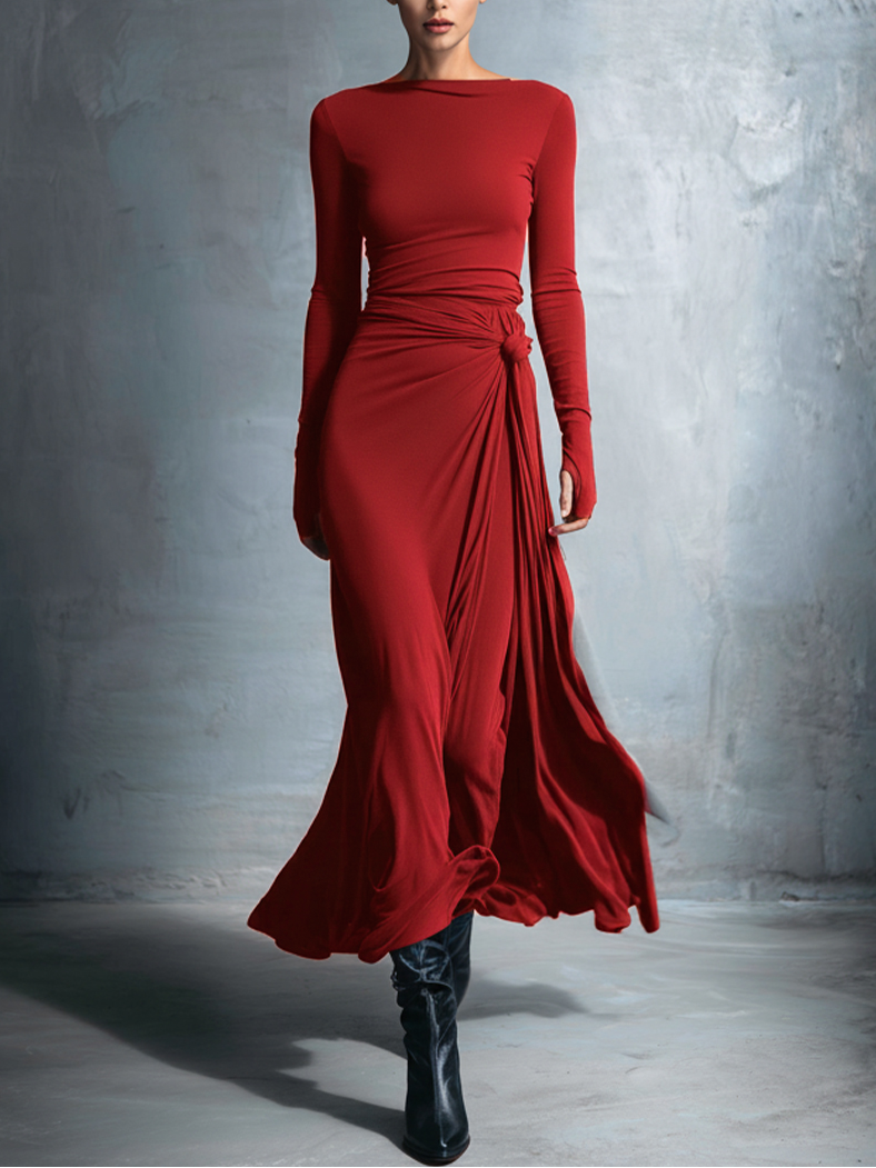Damen Lässig Langarm Drapiertes Maxikleid
