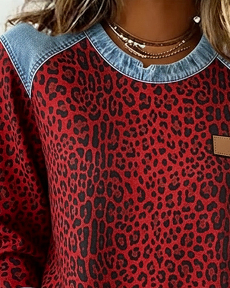 Damen Lässig Leopardenmuster Rundhals Pullover