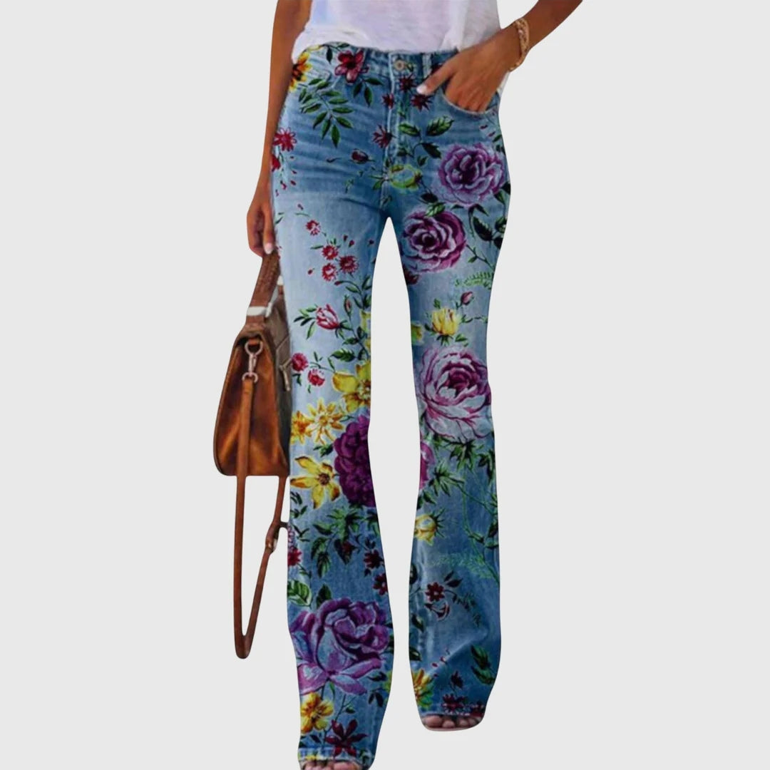 Damen Lässig Blumenmunster Enge Jeans Hose