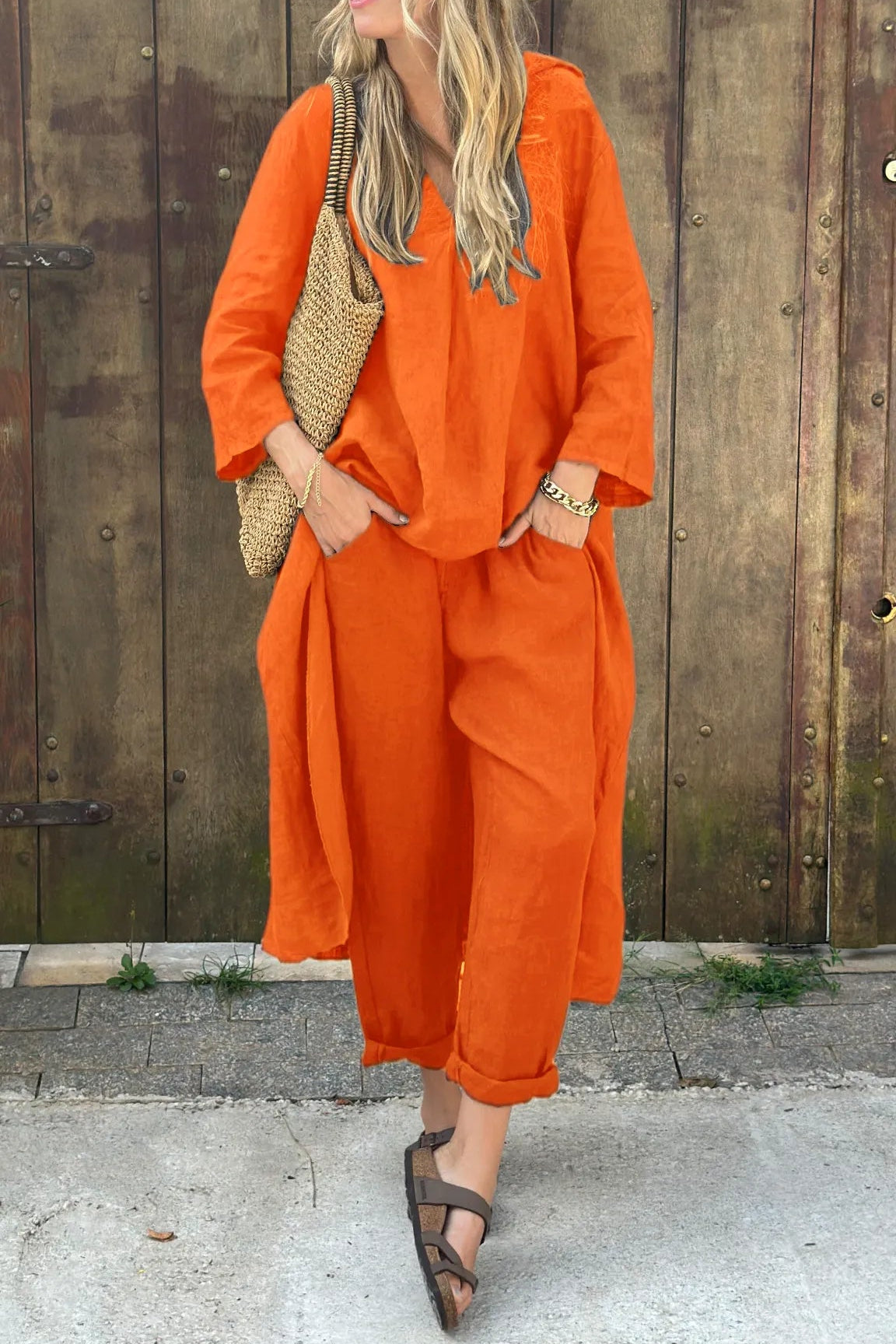 Damen Sommer Lockeres Leinen Zweiteiler Set