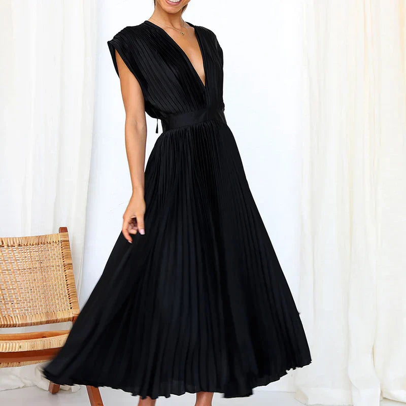 Damen Elegant Ärmellos Plissiert Maxikleid