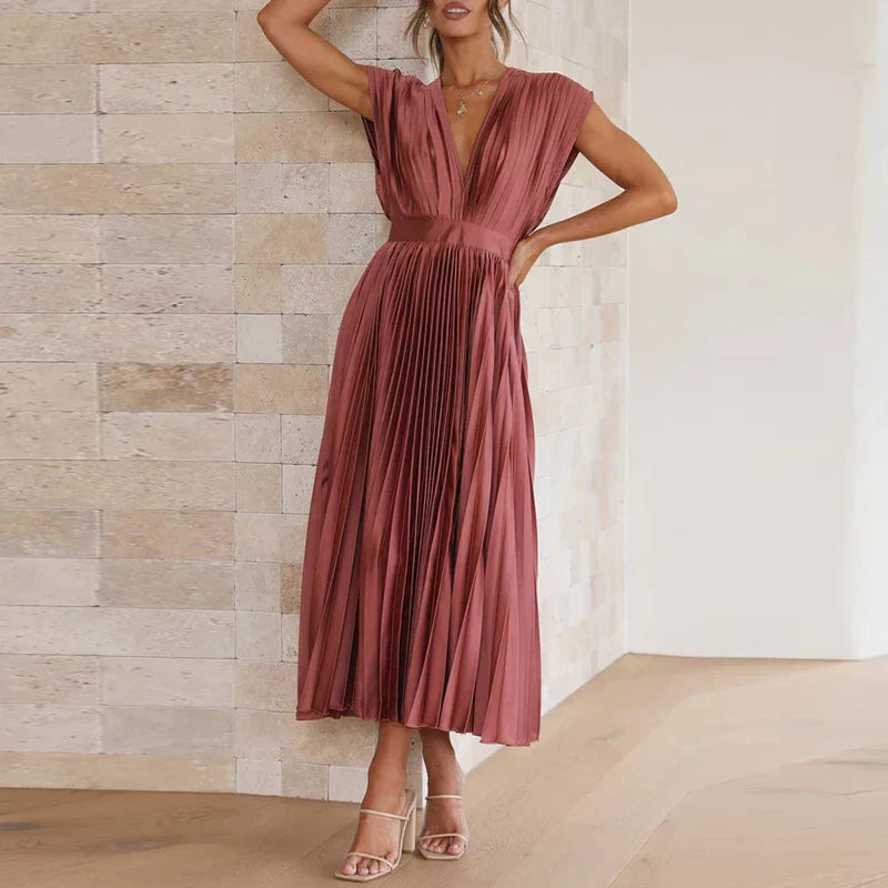 Damen Elegant Ärmellos Plissiert Maxikleid