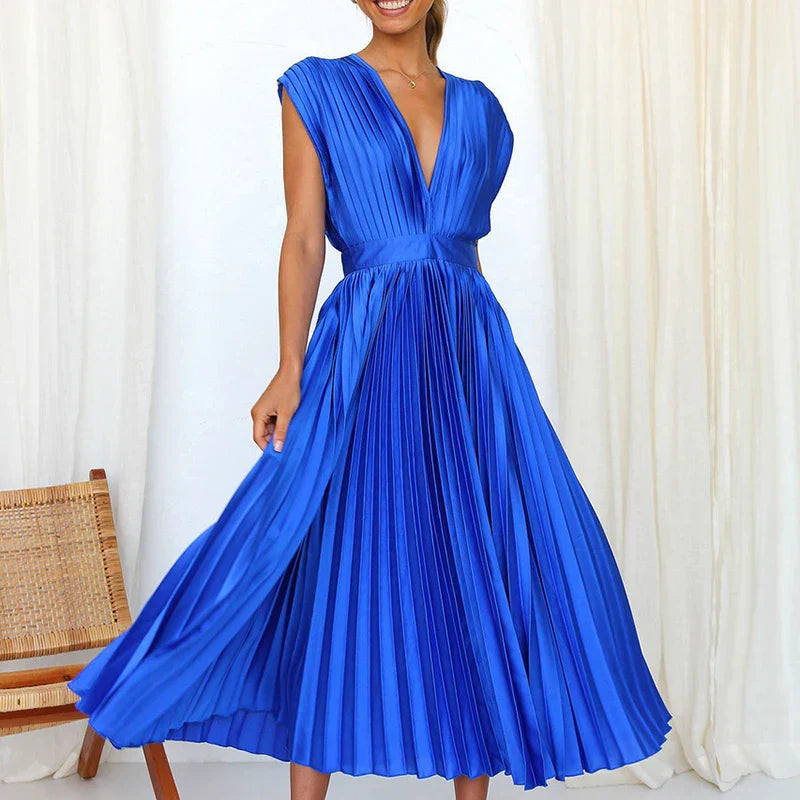 Damen Elegant Ärmellos Plissiert Maxikleid