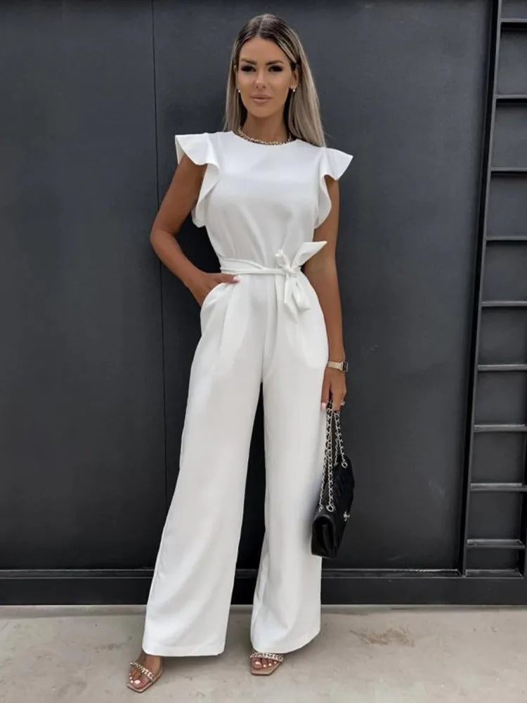 Damen Sommer Rüschen Schulter Bindegürtel Jumpsuit
