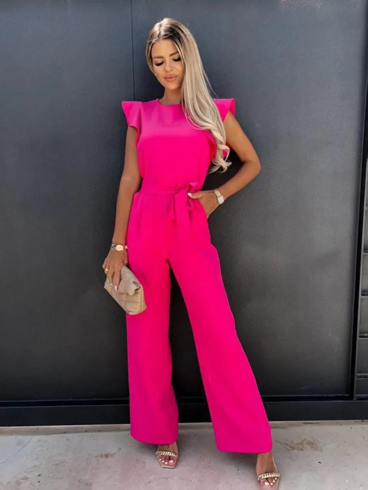 Damen Sommer Rüschen Schulter Bindegürtel Jumpsuit