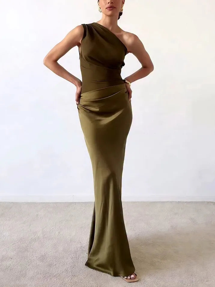 Damen Elegantes One-Shoulder Hochzeitsgast Maxikleid