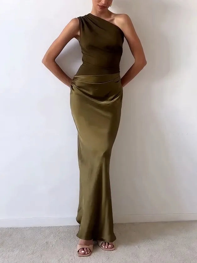 Damen Elegantes One-Shoulder Hochzeitsgast Maxikleid