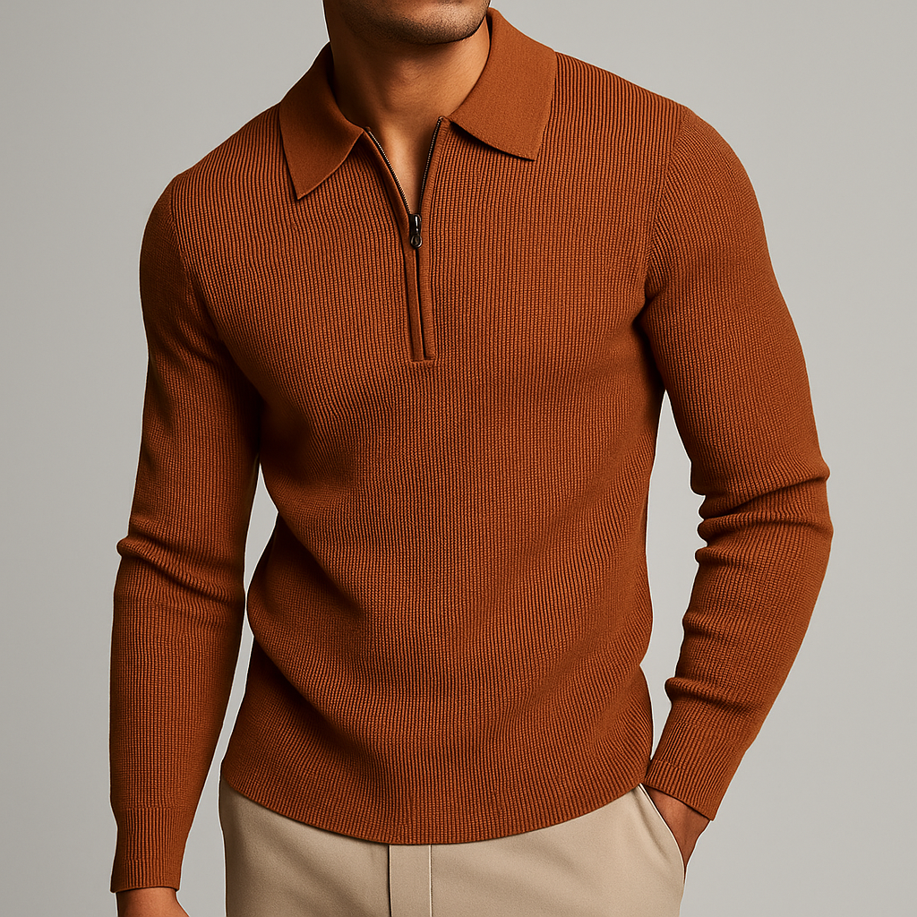 Herren Halbreißverschluss Slim Fit Strick-Poloshirt