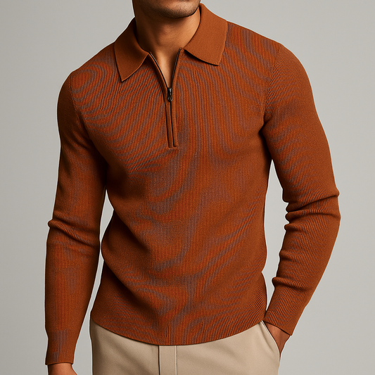 Herren Halbreißverschluss Slim Fit Strick-Poloshirt