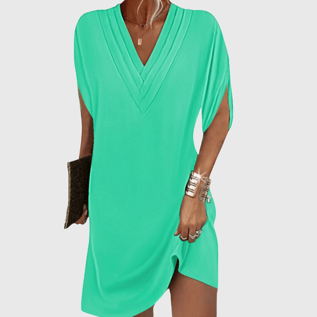 Damen Sommer V-Ausschnitt Kurzarm Midi Strandkleid
