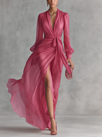 Marie | Damen Elegantes Rosa Wickel Langarmkleid mit V-Ausschnitt