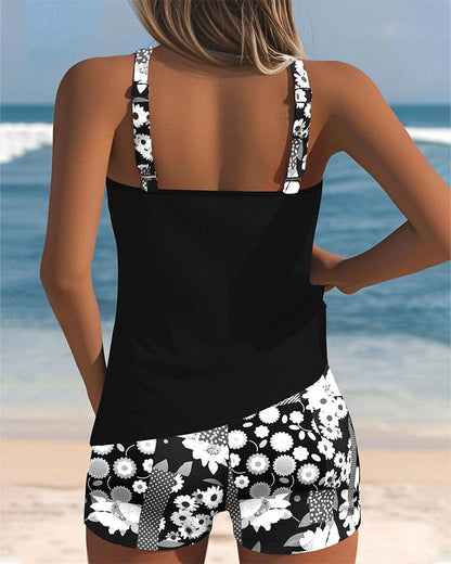 Damen Zweiteiliger Tankini Badeanzug mit Blumenmuster im Strand-Stil
