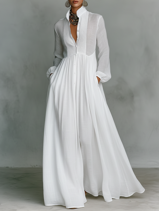 Damen Sommer Knopfleiste Leinen Maxikleid