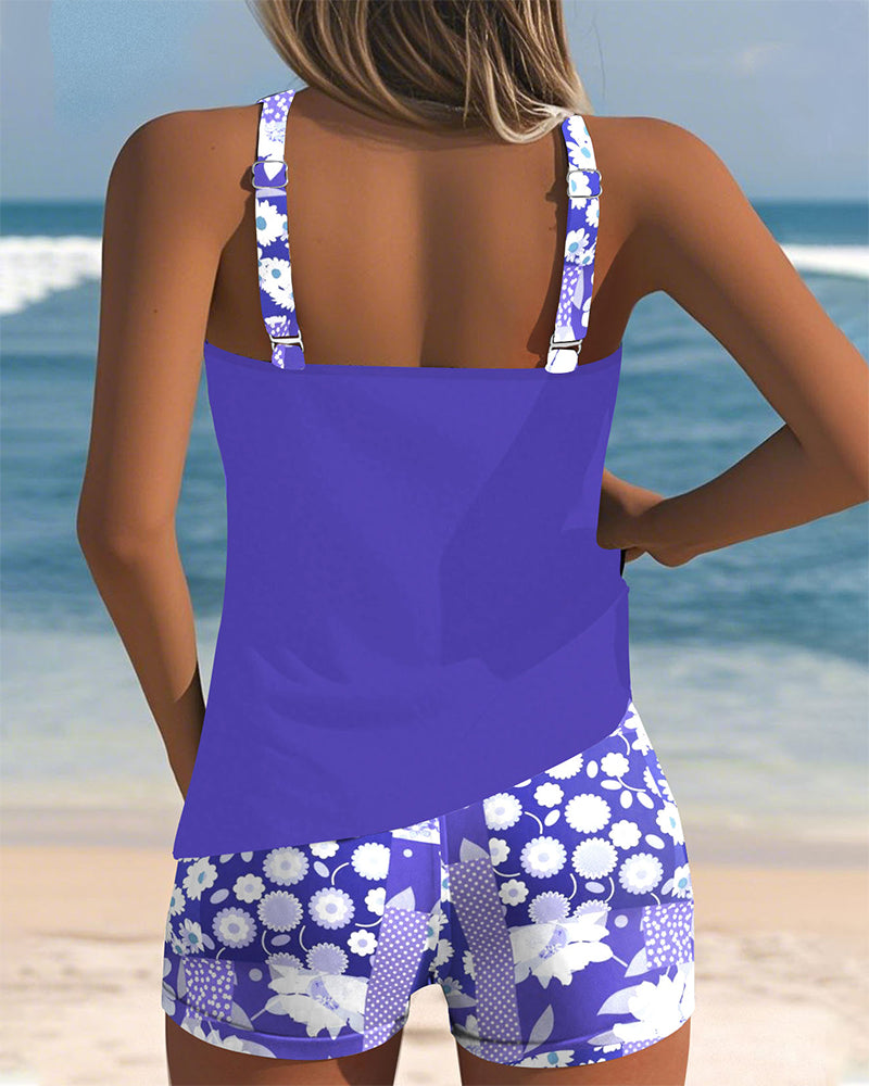 Damen Zweiteiliger Tankini Badeanzug mit Blumenmuster im Strand-Stil