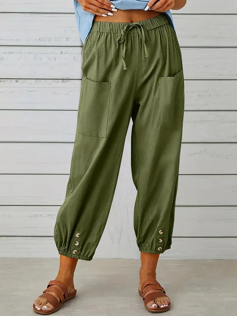Damen Leichte Cropped Sommer Hose mit Kordelzug